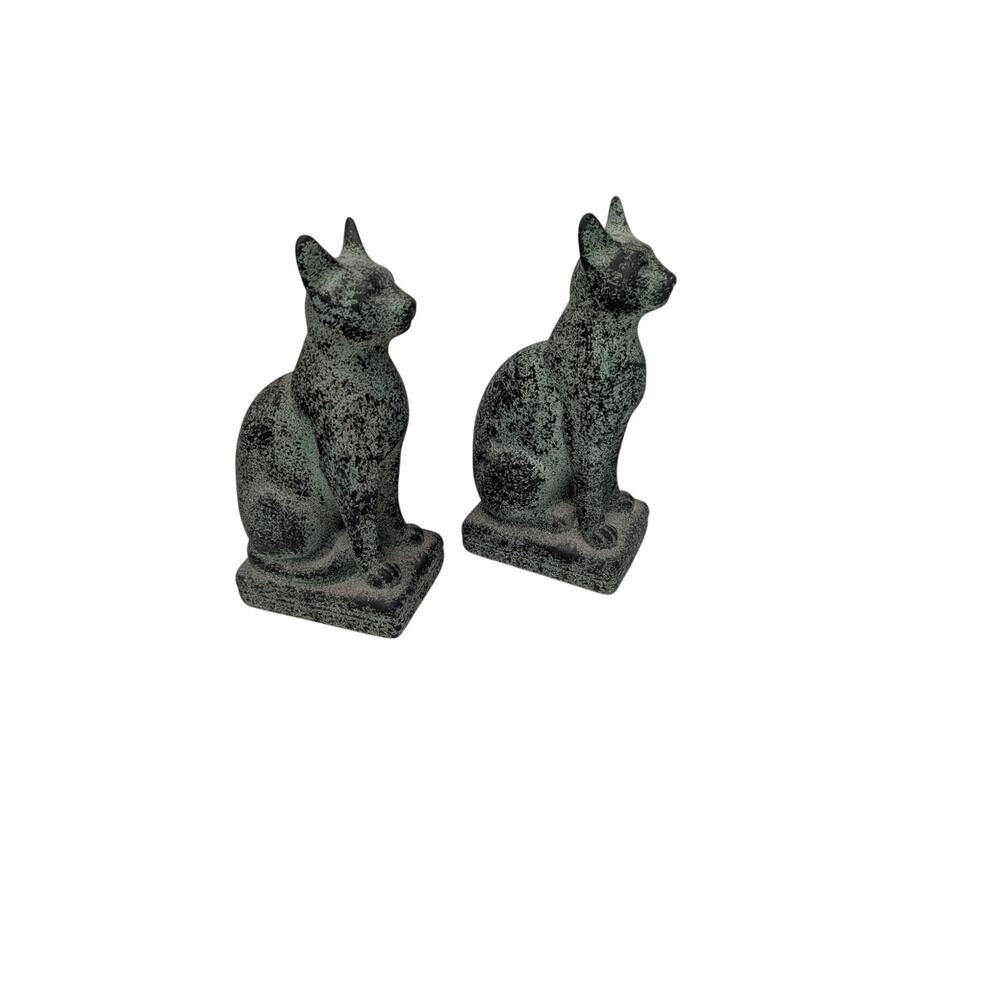 Andrea by Sadek Egyptian Bastet Cat Bookends Pair Verdigris Faux Stone Statues